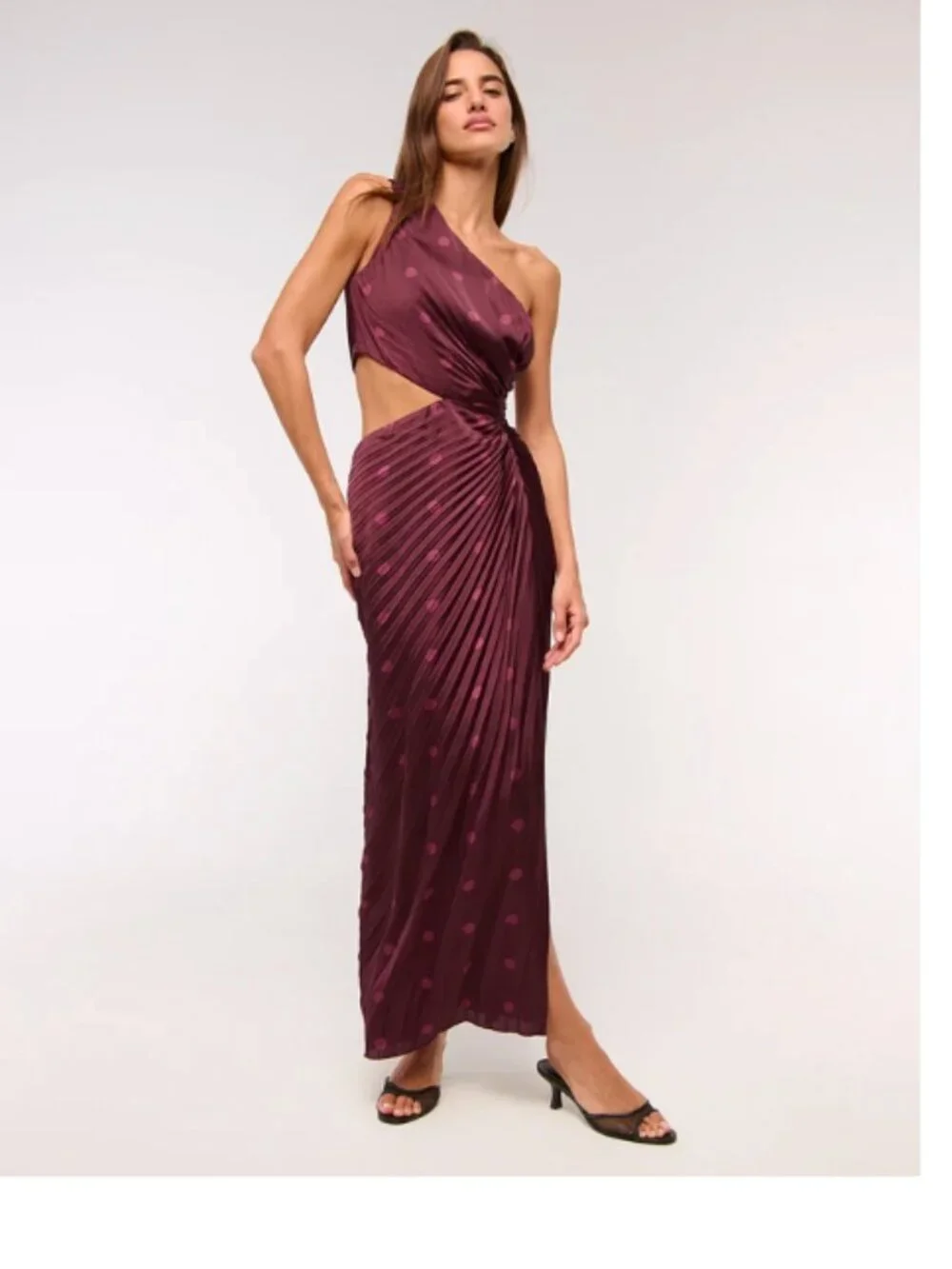 NWOT A&F Giselle Pleated One-Shoulder Cutout Maxi Dress Polka Dot Satin S